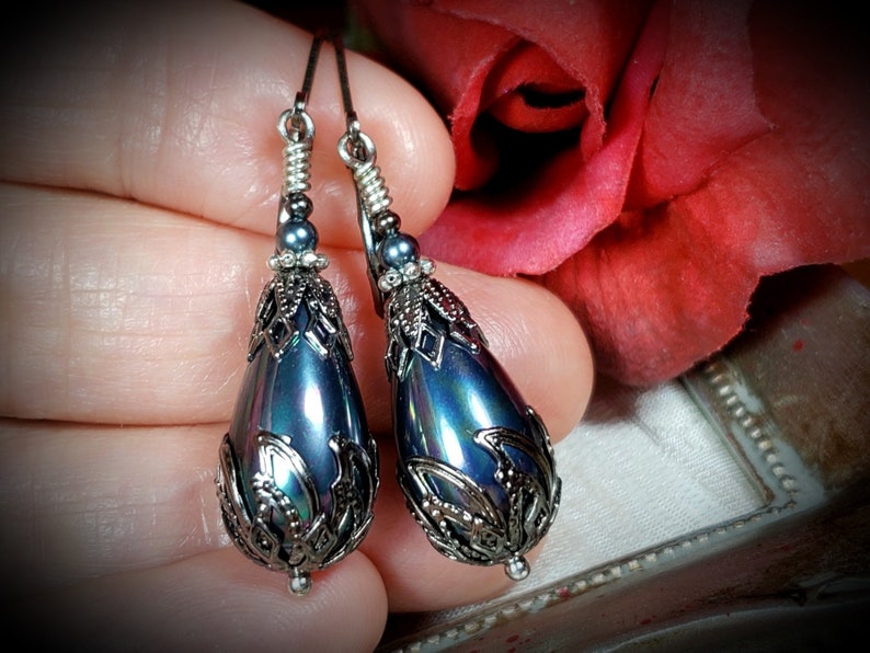 Peacock Blue Shell Pearl Victorian Earrings, Lustrous Rainbow Teardrop, Gothic Black Pearl Antique Silver Gunmetal Titanic Temptations 21011 image 4