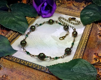 Forêt verte RAS de cou mariée perle, collier de perles vert foncé, Edwardian victorien Steampunk Antique Bronze Filigree Titanic tentations 14008