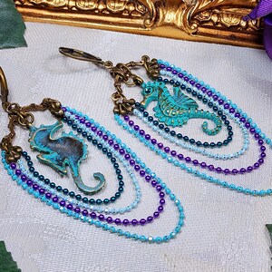 Aqua Blue Sea Horse Victorian Earrings, Brass Green Seahorse Charm, Tarnished Verdigris, Antique Gold Bronze Titanic Temptations 22007 image 5