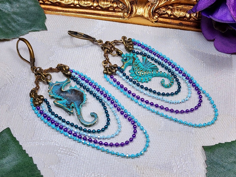 Aqua Blue Sea Horse Victorian Earrings, Brass Green Seahorse Charm, Tarnished Verdigris, Antique Gold Bronze Titanic Temptations 22007 image 5