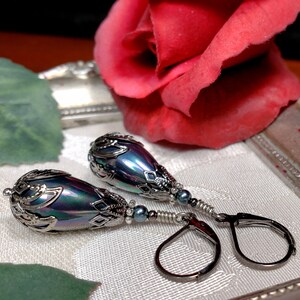 Peacock Blue Shell Pearl Victorian Earrings, Lustrous Rainbow Teardrop, Gothic Black Pearl Antique Silver Gunmetal Titanic Temptations 21011 image 8