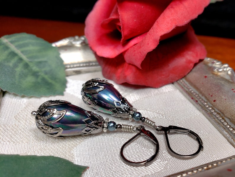 Peacock Blue Shell Pearl Victorian Earrings, Lustrous Rainbow Teardrop, Gothic Black Pearl Antique Silver Gunmetal Titanic Temptations 21011 image 8