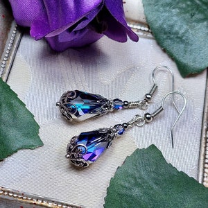 Bermuda Blue Victorian Earrings, Aqua Blue Purple Gothic Teardrop, Edwardian Bridal, Antique Silver Gunmetal, Titanic Temptations 14011 image 4