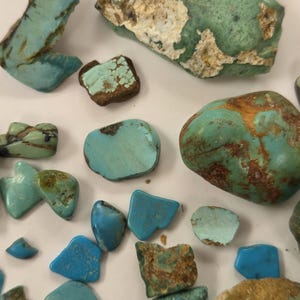 May include: A collection of raw and polished turquoise stones in various shades of blue and green, featuring natural brown matrix patterns, irregular shapes, and smooth or rough textures scattered across a plain white surface.