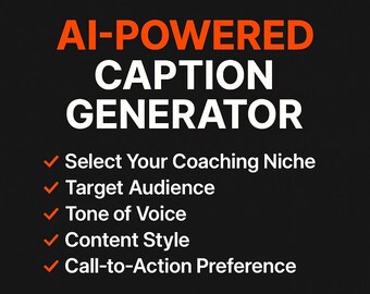 Könnte beinhalten: Schwarz-oranges Grafikdesign, das FitStackCo's KI-gestützten Caption Generator für Fitnesstrainer bewirbt. Der Text hebt Funktionen wie Nischenauswahl, Zielgruppe und Content-Stil hervor. Der Text "UNLIMITED USE TOOL FOR FITNESS COACHES" ist enthalten.