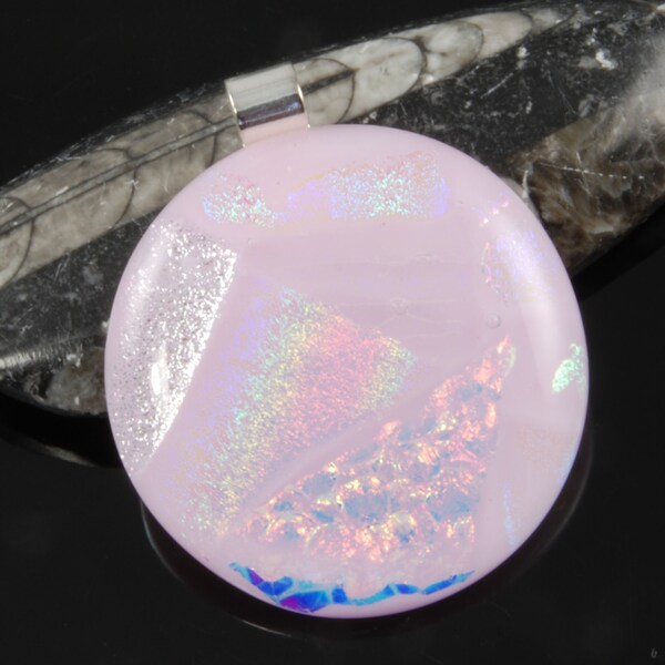 pink fused dichroic glass round pendant