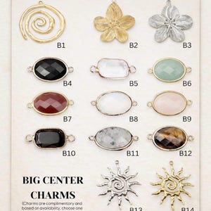 May include: A collection of big center charms in various shapes and colors. Includes gold and silver flower and sunburst designs, along with oval and rectangular gemstone charms in black, clear, and other colors. The text reads "BIG CENTER CHARMS".