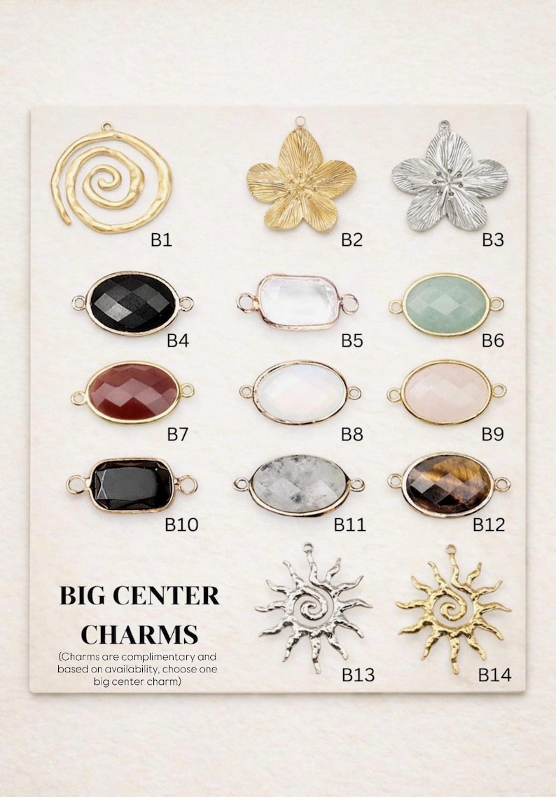 May include: A collection of big center charms in various shapes and colors. Includes gold and silver flower and sunburst designs, along with oval and rectangular gemstone charms in black, clear, and other colors. The text reads "BIG CENTER CHARMS".