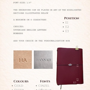 May include: Image showcasing personalized engraving options. Includes examples of engraved text in gold and silver, along with a burgundy leather journal. Text details font size, character limits, and available fonts like Cinzel and Garamond.