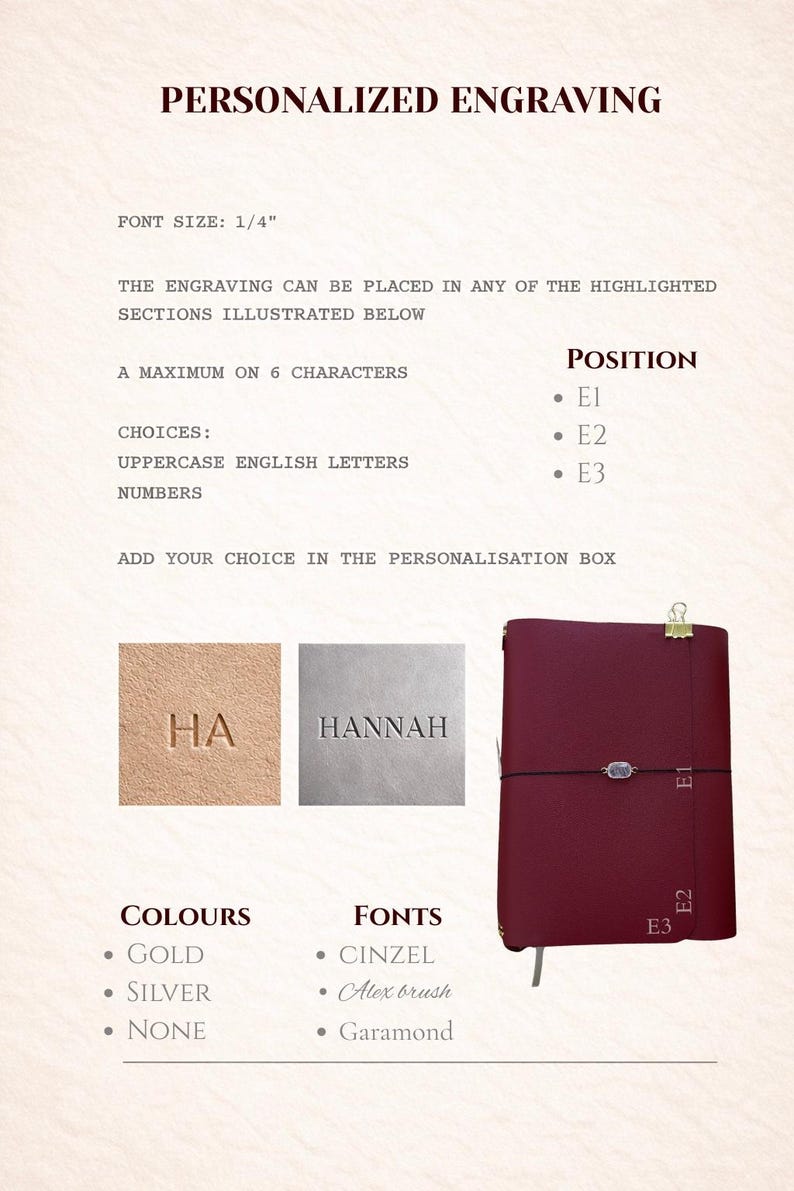 May include: Image showcasing personalized engraving options. Includes examples of engraved text in gold and silver, along with a burgundy leather journal. Text details font size, character limits, and available fonts like Cinzel and Garamond.