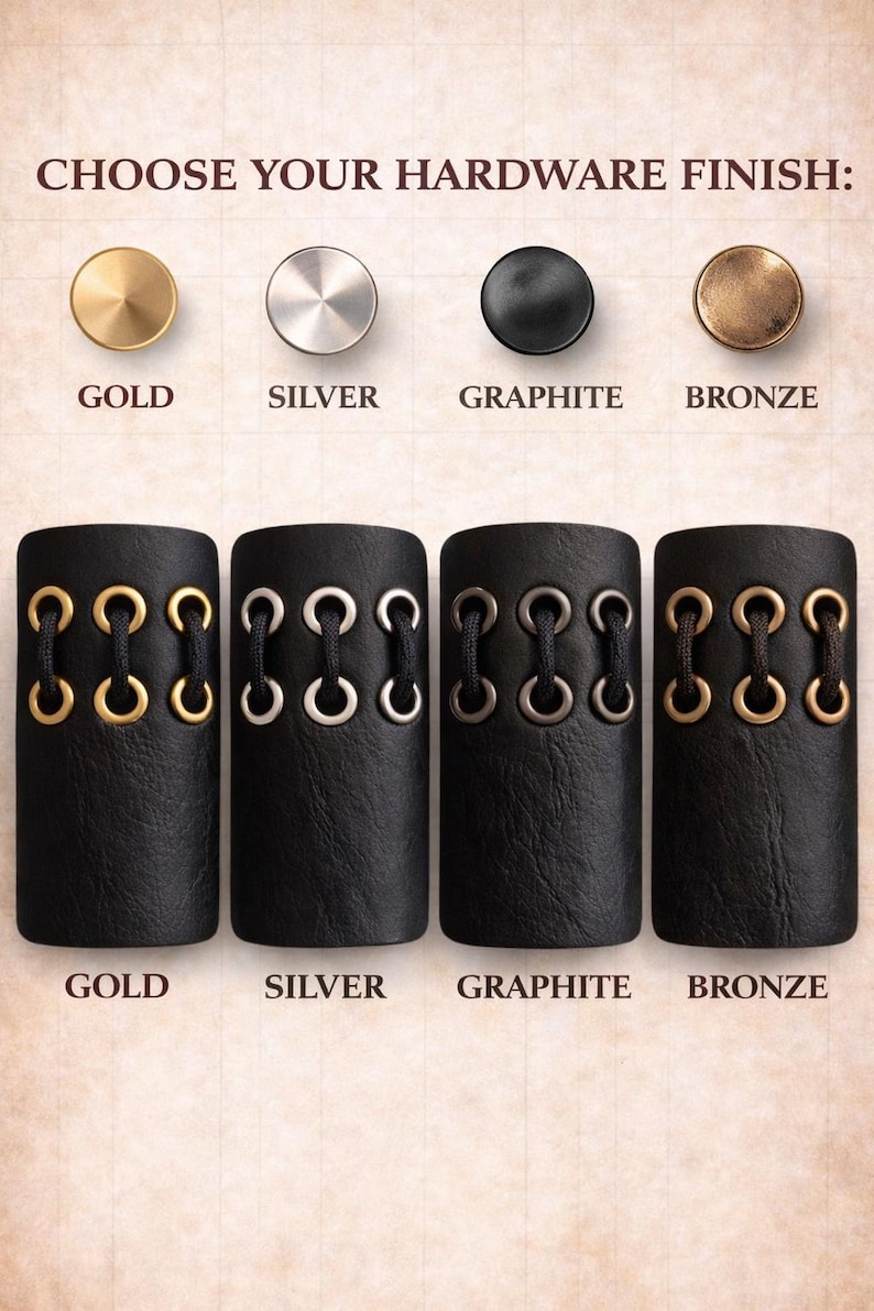 May include: Image showcasing hardware finish options: gold, silver, graphite, and bronze. Each finish is displayed on a round knob and a black leather cuff with decorative eyelets. Text reads "CHOOSE YOUR HARDWARE FINISH:"