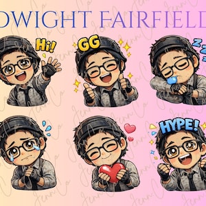Può includere: Una collezione di sei adesivi del personaggio di Dwight Fairfield con varie espressioni. Gli adesivi presentano un personaggio dei cartoni animati con occhiali, un berretto nero e una camicia grigia. Il testo include "Hi!", "GG" e "HYPE!"