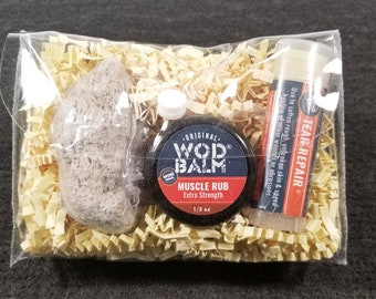 WOD Balm Gift Bag | Reusable bag w/ Natural Salves: Sore Muscle Rub + Tear Repair® for Skin+ Pumice | CrossFit Gift | Gift for Coach