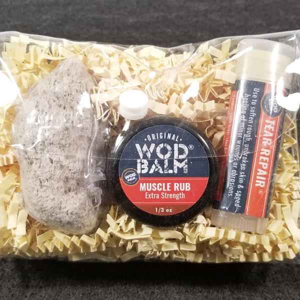 WOD Balm Gift Bag | Reusable bag w/ Natural Salves: Sore Muscle Rub + Tear Repair® for Skin+ Pumice | CrossFit Gift | Gift for Coach