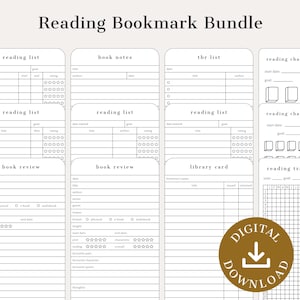 May include: A bundle of printable reading bookmarks with various templates, including reading lists, book reviews, and reading trackers. The text "Reading Bookmark Bundle" is at the top, and a "Digital Download" seal is at the bottom.