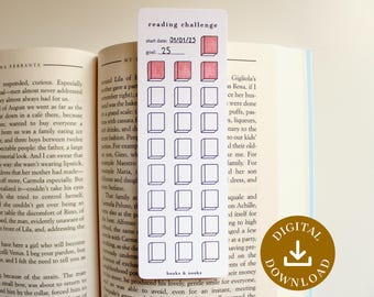以下が含まれることがあります： 読書チャレンジのデザインが施された白いブックマーク。ブックマークには本のアイコンのグリッドがあり、一部は赤で塗りつぶされています。「reading challenge」、「start date: 01/01/25」、「goal: 25」というテキストが含まれています。開いた本にブックマークが挟まれています。