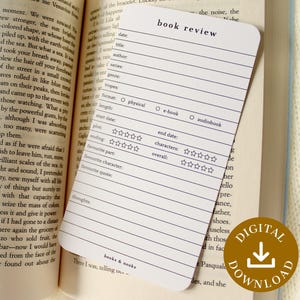May include: A white book review card with a lined design and the words "book review" at the top. The card includes fields for title, author, and rating. A digital download icon is in the bottom right corner.