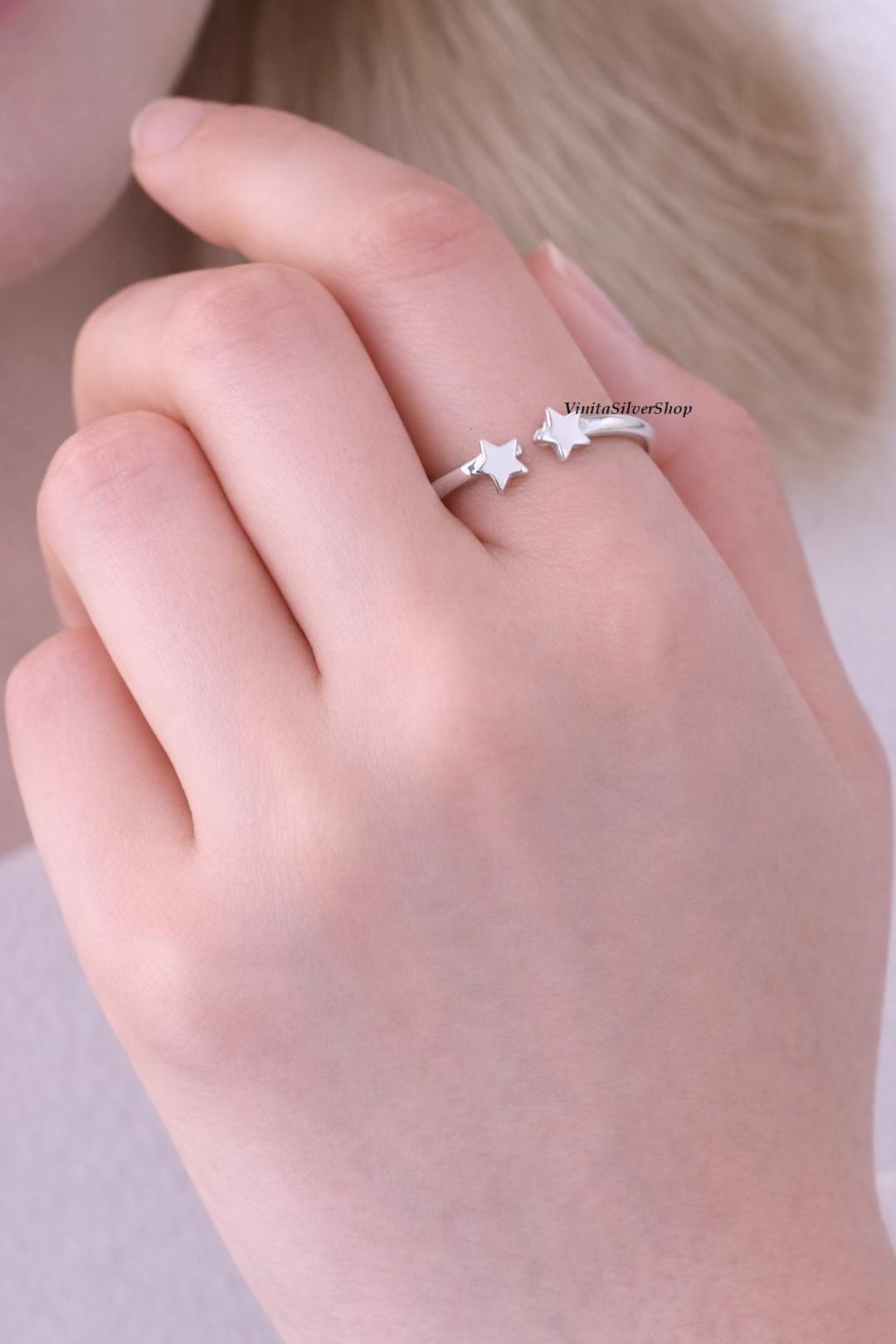 Sterling Silvers Star Open Rings, Minimalist Adjustable Star Band