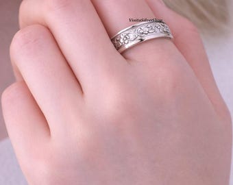 925 Sterling Silver Floral Engraved  Band Ring Vintage Style Handmade Ring for Women,