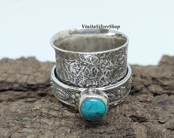 Turquoise 925 Sterling Silver Spinner Ring | Textured Fidget Anxiety Band | Boho Meditation Jewelry