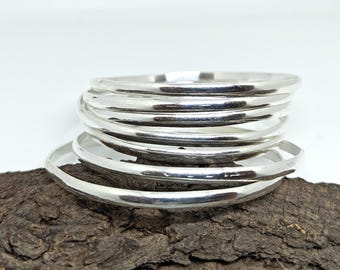 925 Sterling Silver Bangles, Round Wrist Stack, Set Of 7 Stacking Bangles