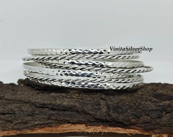 Ensemble de 7 bracelets joncs en argent martelé – Bracelets empilables, bijoux texturés en argent sterling – Idée cadeau