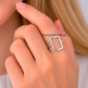 Rechteckiger Ring aus 925er Sterlingsilber, minimalistischer offener Ring, geometrischer Ring, Geschenk für Frauen