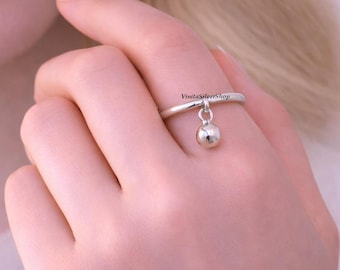 Minimalist Sterling Silver Ball Charm Ring for Women | Handmade Dainty Silver Drop Rings Everyday