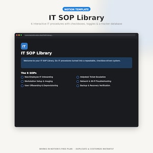 May include: A digital Notion template titled IT SOP Library featuring six interactive IT procedures with checkboxes, toggles, and a tracker database. The interface displays a dark background with white text listing onboarding, setup, and support tasks.