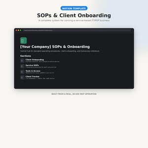 May include: A digital Notion template interface titled SOPs & Client Onboarding for IT/MSP businesses. The dark-themed dashboard displays sections for Client Onboarding, Service SOPs, Tools & Access, and a Client Tracker with descriptive text.
