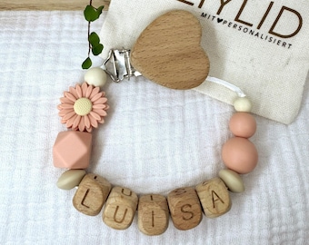 Catenella porta ciuccio personalizzata con nome | Vari modelli per bambini e bambine in legno o silicone | Fiori | Cuore | Orsetto | Regalo per neonati
