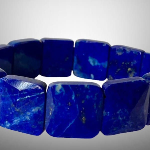 8.2" "Supreme Grade/AAAAA"~ Deep Indigo Blue LAPIS LAZULI Unisex Faceted Square Designer-Cut Stretch Bracelet - 16x16x5mm - 13 Beads - O1396