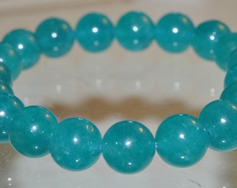 Q1335 7.5 BrilliantExtra Grade~Translucent Icy BLUE Mozambique AMAZONITE Smooth Round Stretch Bracelet 10mm 19 Beads