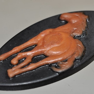 18x39x4mm &quot;Symbol of Freedom/Stunning&quot;~Red MALACHITE / Black JASPER HORSE Carved 3D Marquise Cabochon Pendant - A1287