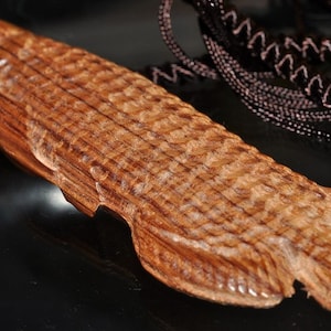 100X25X11mm&quot;Hand-Crafted/Good Luck Icon&quot;~Wood AROWANA FISH Hand-Carved Looong Pendant w/Brown knotted Cord Adjustable Necklace - C1353