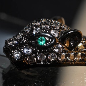 Excellente qualité & Design ~ tête de léopard de PANTHÈRE plaqué RHODIUM noir claire CZ W / oeil vert Micropavé diamant/Cubic Zirconia charme - J1165