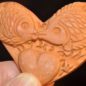 48x50x10mm &quot;So Alive/Lovely&quot;~RED MALACHITE JASPER Two Fish & Heart Hand-Carved 3D Focal Pendant - M1162