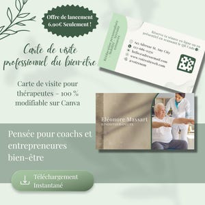 Carte de visite en français Canva thérapeute – Modèle professionnel modifiable – Coach bien-être – Téléchargement instantané