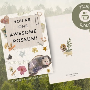 Awesome Possum Card, Fun Unique Card for Birthdays and Events, Cute Opossum Nature Collage Card, Printable Invitation, Front and Back