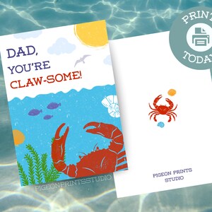 Tarjeta de cangrejo con garras para papá, regalo único para el Día del Padre, divertida tarjeta imprimible con temática oceánica, varios tamaños, tarjeta colorida con concha de mar, barco y playa