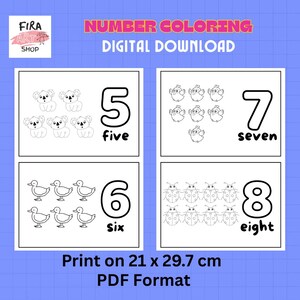 May include: Digital download of number coloring pages. The pages feature numbers 5, 6, 7, and 8, each accompanied by corresponding illustrations of koalas, ducks, chicks, and ladybugs. The text reads "Number Coloring Digital Download". The pages are designed to print on 21 x 29.7 cm paper.