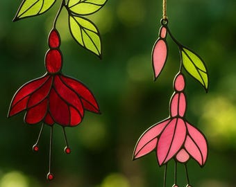 Wzór witrażu z motywem kwiatu fuksji – Elegancki projekt wiszącego kwiatu – Szablon łapacza słońca w formacie PDF A4 do Cricut, DIY, wycinany laserowo | Artkilyy