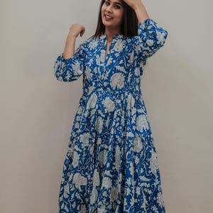 Hand Block Printed Dress Holiday Midi Dress Cotton Floral Dress Blue Floral Dress|Handmade in India Ruffle Long Dress with pockets