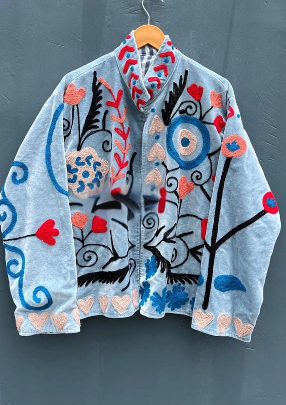 Sky Blue Suzani Velvet Jacket | Embroidered Floral Boho Kimono