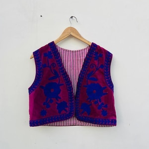 Handmade Blue Velvet Vest Short Jacket| Women&#39;s Clothing Floral Floral Waistcoat, Tribal Velvet Vest, Street Vest Uzbek kotti, Gift For Her,