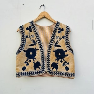 Beige Velvet Vest Handmade Short Jacket | Women&#39;s clothing Floral Boho Waistcoat, Tribal Velvet Vest, Street Vest Uzbek kotti, Gift For Her
