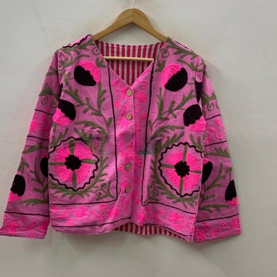 Pink Suzani Velvet Jacket | Embroidered Boho Kimono