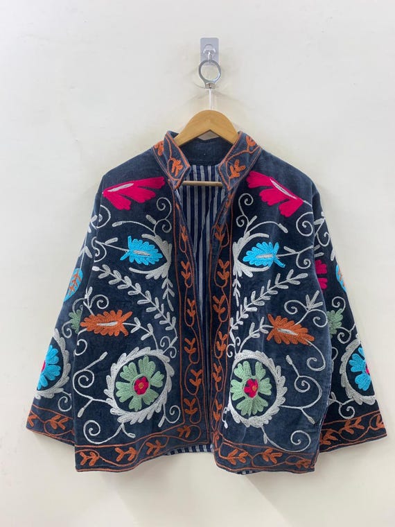 Grey Embroidered Suzani Velvet Jacket | Boho Floral Short Coat | Gift For Her