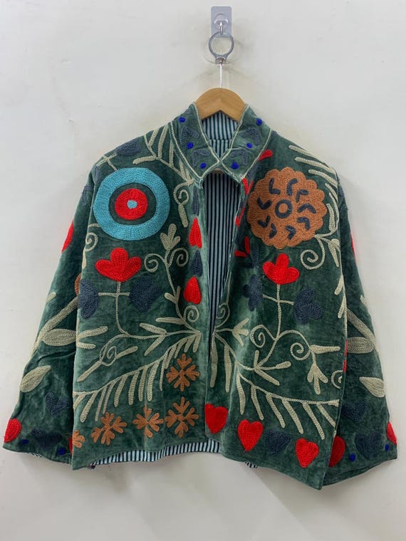 Green Embroidered Suzani Velvet Jacket | Boho Floral Short Coat | Gift For Her