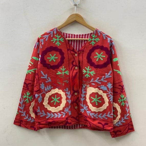 Red Floral Suzani Embroidered Velvet Jacket | Boho Kimono Robe